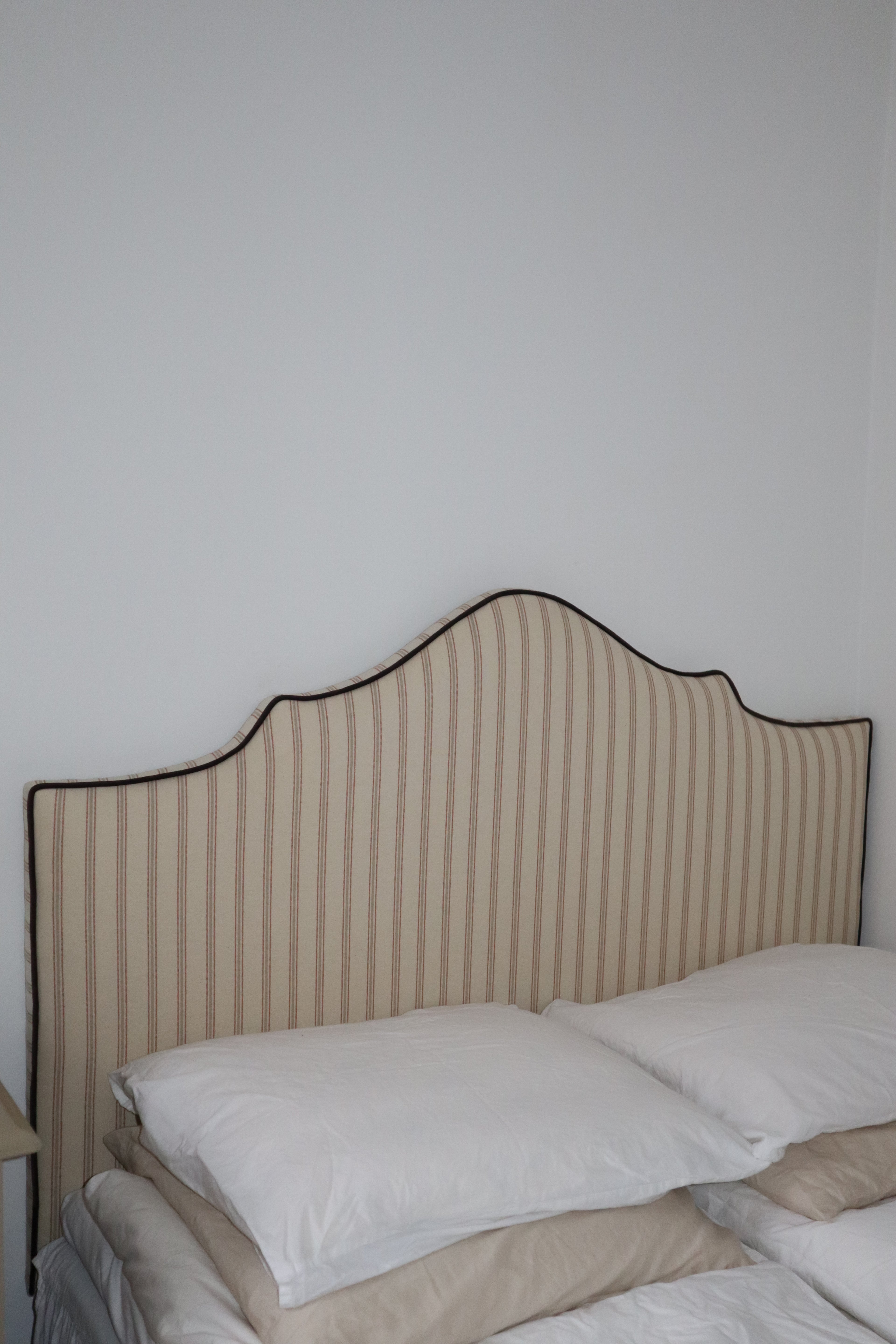 Beige fabric with red stripes and brown velvet piping